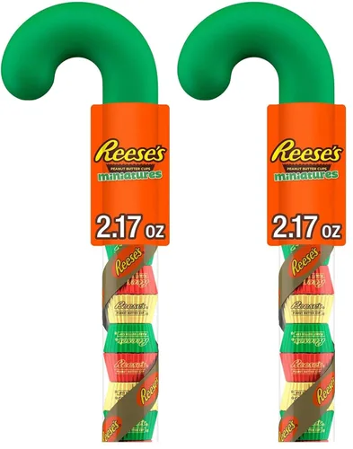 Vista 2 de REESE'S Miniatures - Tazas de chocolate con leche y mantequilla de maní, bastón de plástico de caramelo de Navidad, 2.17 onzas