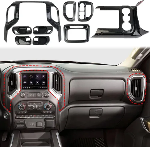 Vista 7 de Kit de tablero de consola central de fibra de carbono para Chevy Silverado/GMC Sierra 1500 2500 3500 2019-2026 (juego de 8 piezas)