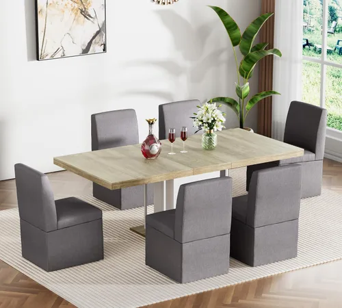 Vista 17 de Juego de mesa de comedor extensible para mesa de cocina extensible de 4, 5 piezas y 4 sillas de almacenamiento ocultas de lino tapizadas de madera