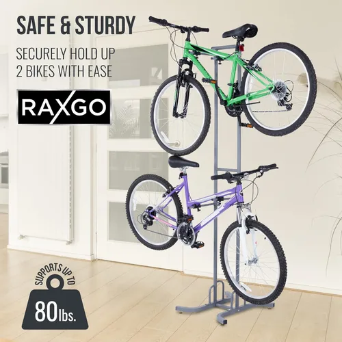 Vista 2 de RaxGo Estante de almacenamiento de garaje para bicicletas, soporte de piso de garaje para 2 bicicletas, independiente, ganchos ajustables