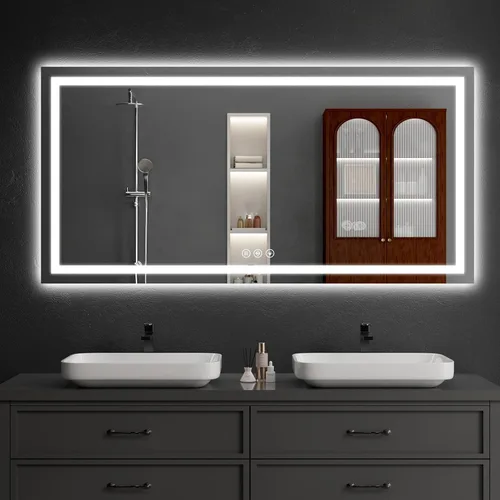 Vista 28 de Espejo de baño LED de 30 x 48 pulgadas con luces, regulable, antivaho, espejo de tocador de baño para pared, retroiluminado + luz frontal, función