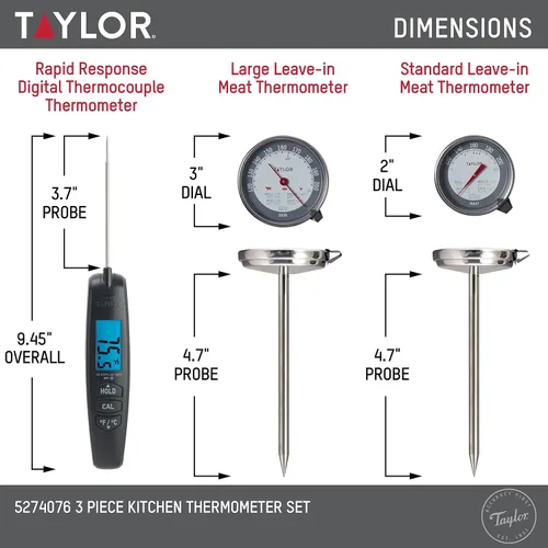 Vista 2 de Taylor Termómetro de 3 piezas, incluye 1 termómetro digital súper rápido y 2 termómetros analógicos para carne, aptos para horno, multicolor