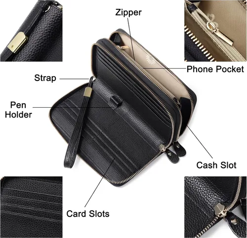 Vista 3 de SENDEFN Cartera grande de cuero con bloqueo RFID y cremallera alrededor para mujer, tarjetero de crédito con bolsillo con cremallera, Doble