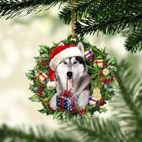 Vista 15 de Talataca Adorno de Navidad Plano 2D de Husky, Cajas de Regalo de Husky, Decoración de Árbol de Pino, Adorno Colgante de Casa para la Víspera