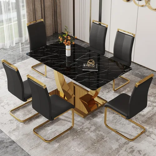 Vista 20 de Juego de mesa de comedor de 63 pulgadas para 4, juego de mesa de comedor dorado moderno para 4, juego de mesa de cocina de mármol sintético