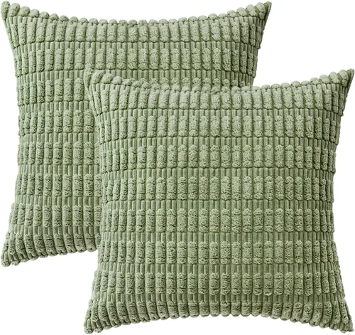Vista 2 de MIULEE Juego de 2 fundas de almohada decorativas de pana suave a rayas estilo bohemio verde salvia, juego de 2 rellenos de almohada de 18 x 18