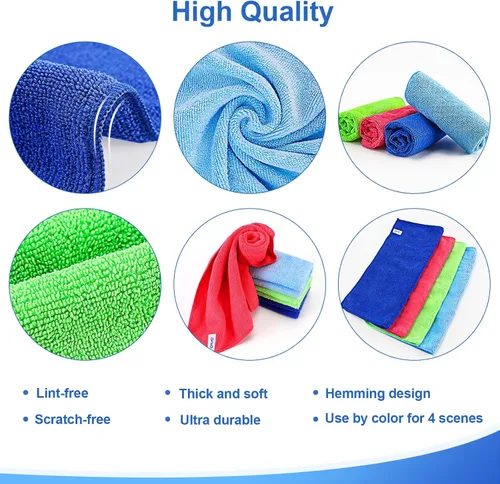 Vista 3 de Paño de limpieza de microfibra, 12 unidades, 12 x 12 pulgadas, alta densidad, 4 colores Household Cleaning Rags, 293GSM, Ultra Absorbent, Reusable