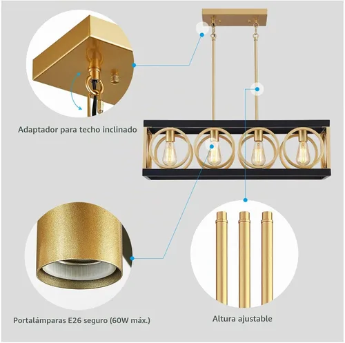 Vista 4 de XINGQI Lámpara de araña rectangular moderna, iluminación de isla de cocina de granja, accesorio de luz colgante industrial rústico de 4 luces