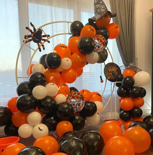 Vista 6 de Globos de látex para fiesta de Halloween de 12 pulgadas con confeti para celebración, fiesta, bar, aniversario, decoración, color negro, naranja