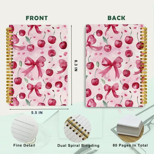 Vista 6 de Cuadernos de diario con lazos rosas de moda y cerezo, cuaderno en espiral preppy, lindo cuaderno de diario para niñas, suministros de oficina rosas