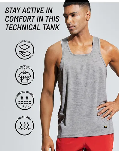 Vista 2 de MIER Camisetas sin mangas para hombre, para entrenamiento, secado rápido, natación, atletismo, gimnasio, correr, muscular, playa, para hombre