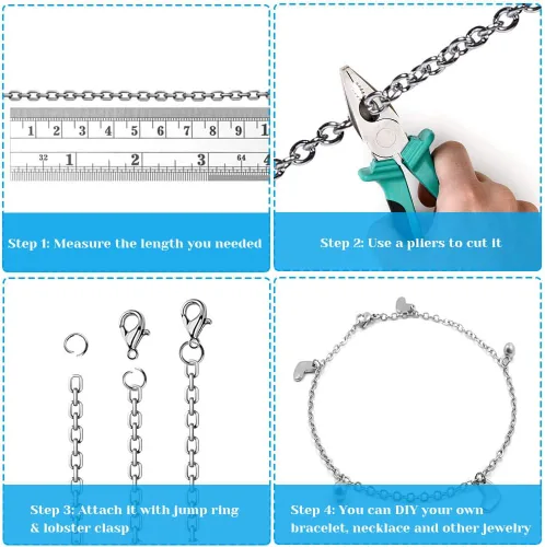 Vista 4 de Cadenas de 15 metros de acero inoxidable para hacer joyas, Anezus Cadena de joyería a granel, Cadenas metálicas pequeñas con 100 anillos de salto