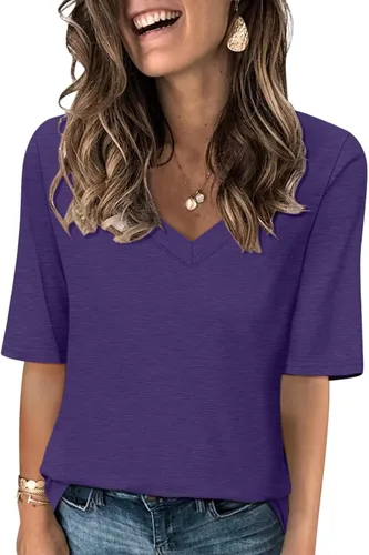 Vista 32 de Minetom Camisetas de verano básicas de media manga con cuello en V para mujer