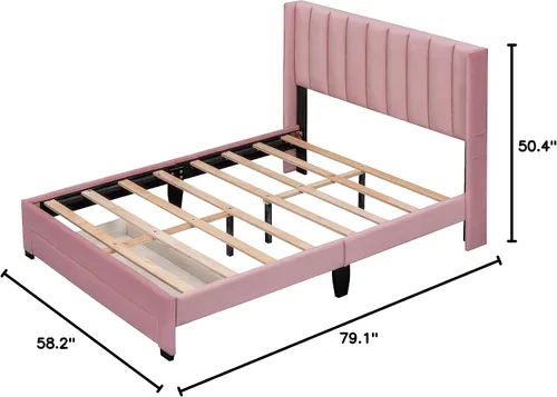 Vista 8 de Merax Moderna cama tapizada con cabecera con respaldo de alas, base de cama con soporte de listones de madera/fácil montaje, tamaño matrimonial