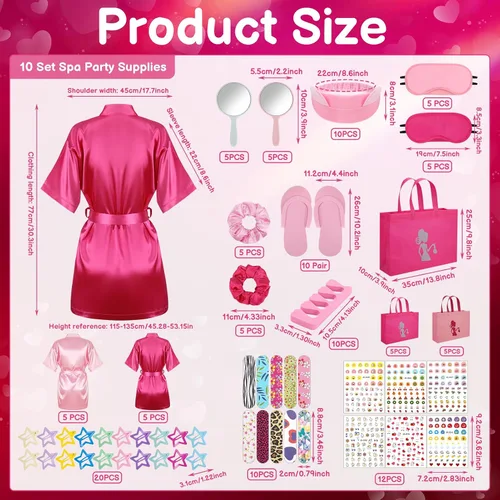Vista 6 de 122 piezas Kit de fiesta de spa rosa y rosa intenso para niñas, paquete de 10 recuerdos de fiesta de pijamas con batas de satén, bolsas de mano