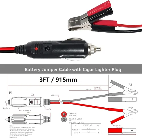 Vista 3 de Cable de extensión de pinza de cocodrilo a encendedor de cigarrillos macho, cable de carga de batería de puente de 12 V-24 V, cable eléctrico