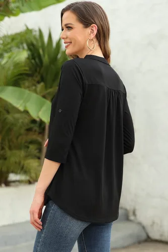 Vista 3 de Ninedaily Blusas de gasa con cuello en V y manga 34 para mujer