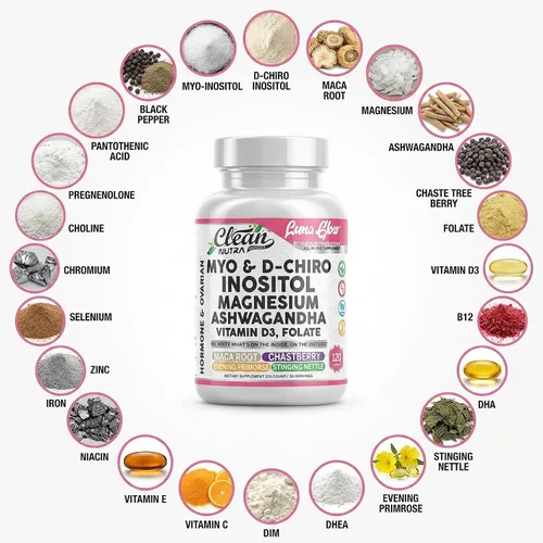 Vista 4 de Myo Inositol D Chiro Inositol Suplemento para mujeres – Balance Hormonal con Magnesio Ashwagandha Vitamina D3 Folato Maca Raíz Casteberry Onagra