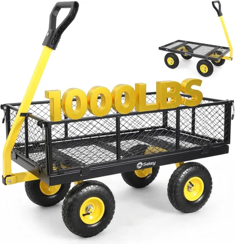 Vista 11 de Sekey Carrito de jardín de malla de acero de 600 libras para patio y patio trasero, carro utilitario con lados extraíbles (cama plana convertible)