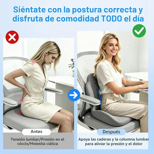 Vista 4 de Cojín de asiento de espuma viscoelástica con soporte lumbar para alivio del dolor de ciática y coxis, silla de oficina, silla de ruedas, asiento