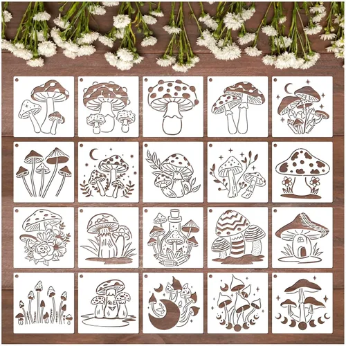 Vista 8 de 20 piezas de plantillas de hongos, plantillas reutilizables de hongos de estilo bohemio, luna y flores para pintar en madera, lienzo, azulejos