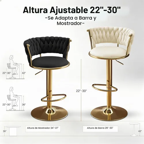 Vista 2 de Juego de 2 taburetes de bar de terciopelo, taburetes giratorios de altura de mostrador con respaldo tejido, taburetes de bar de altura ajustable