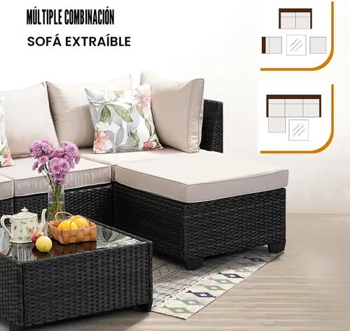 Vista 7 de JOYURE Juego de muebles de patio de 5 piezas, para todo tipo de clima, para exterior, sofá seccional de mimbre, sofá de ratán para patio con cojín