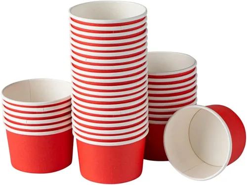 Vista 2 de Restaurantware 50 unidades rojo para llevar taza desechable de 3 x 3 x 1.8 pulgadas, mini taza de papel resistente a la grasa reciclable diseño