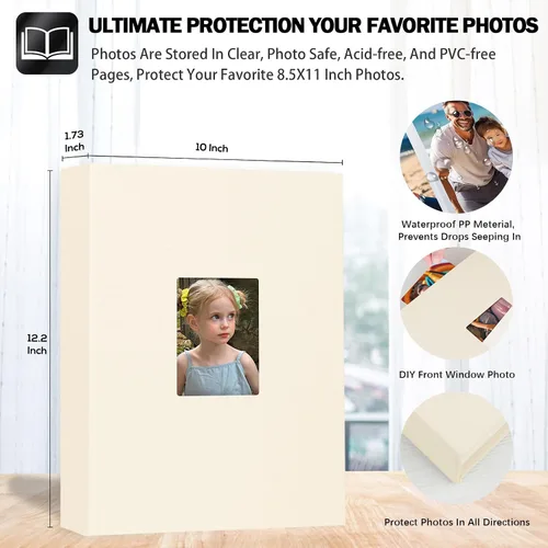Vista 2 de Álbum de fotos de 8.5 x 11 pulgadas con capacidad para 72 fotos, cubierta de lino con ventana frontal, páginas interiores transparentes de 8.5 x 11