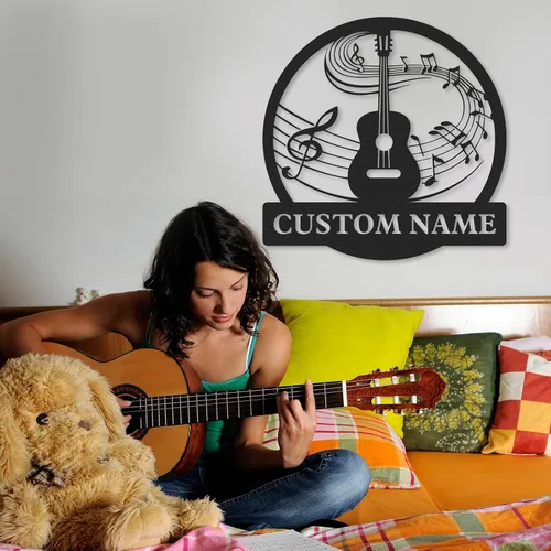 Vista 7 de Letrero de metal personalizado de guitarra, letreros de metal personalizados, decoración de pared de notas musicales, arte de pared divertido
