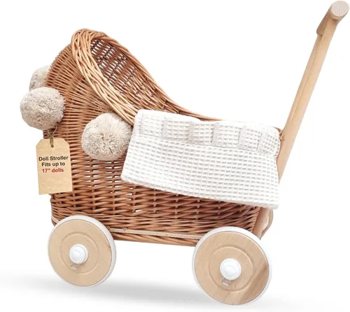 Vista 8 de Wiklibox Cochecito de muñeca de ratán natural, hecho a mano en Europa, se adapta a muñecas de 17 pulgadas y juguetes de peluche, cochecito de muñeca
