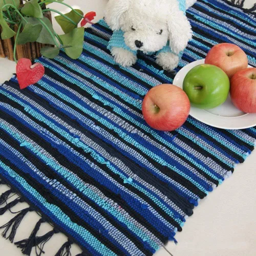 Vista 4 de Alfombra de baño de 20.0 x 30.9 in, hecha a mano, reversible, de algodón, diseño de rayas, multicolor