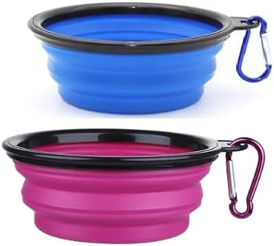 Vista 6 de Juego de cuencos plegables para mascotas, cuencos portátiles de silicona para alimentos y agua con clip de mosquetón, multicolor, diseño que ahorra