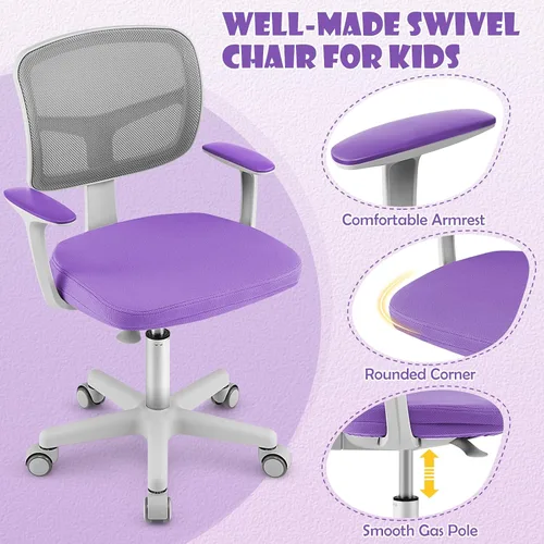 Vista 8 de GLACER - Silla de escritorio para niños, silla de estudio de malla ajustable con ruedas (morado) Swivel Ergonomic Computer Task Chair with Arms