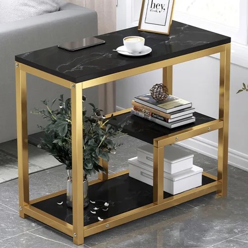 Vista 2 de Mesa de consola moderna para sofá con estantes, mesa de entrada, mesa auxiliar para espacios pequeños con marco de metal, mesa de almacenamiento
