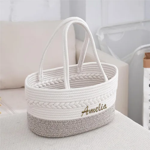 Vista 2 de Cesta personalizada con nombre de bebé, cesta de regalo para baby shower, organizador de pañales para bebé, organizador de pañales de cuerda