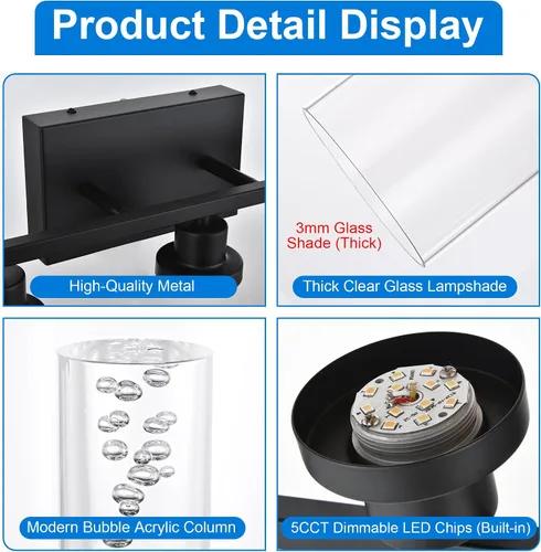 Vista 5 de MELUCEE Lámparas de tocador de baño, 3 luces LED sobre espejo, 3000 K-6000 K, moderna luz negra para baño con pantalla de cristal de burbujas, chips