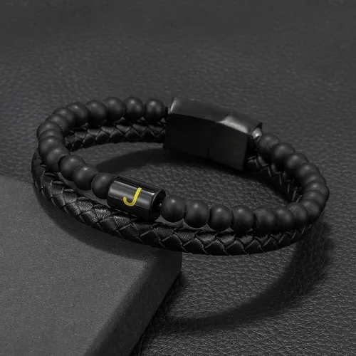 Vista 5 de Layered Leather Beads Initial Bracelets for Men, Braided Leather Natural Stone Bracelets for Men with Magnetic Clasp Mens Leather Beaded Bracelets