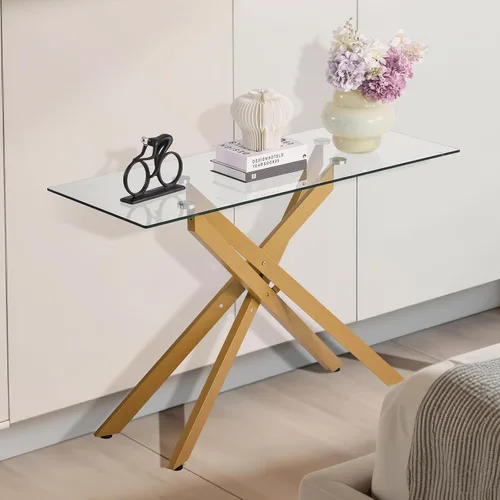 Vista 2 de VEVOR Mesa de comedor de cristal, moderna mesa de entrada rectangular con parte superior de vidrio templado y patas cruzadas de hierro, escritorio
