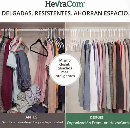 Vista 2 de HevraCom Paquete de 50 perchas de plástico color blanco, resistentes y duraderas, antideslizantes, perchas para armario, ahorro de espacio
