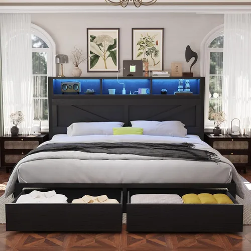 Vista 11 de Marco de cama matrimonial con cabecera y cajones de almacenamiento, color Luces LED y estación de carga, plataforma de metal, no necesita somier