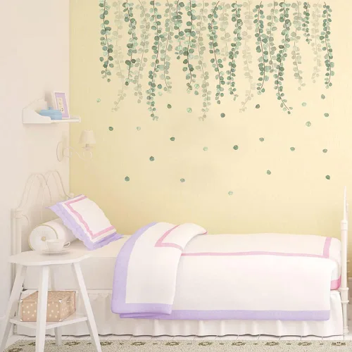 Vista 2 de Runtoo Calcomanías de pared de hojas de vid de eucalipto, plantas verdes, calcomanías de pared para sala de estar, dormitorio, guardería, decoración
