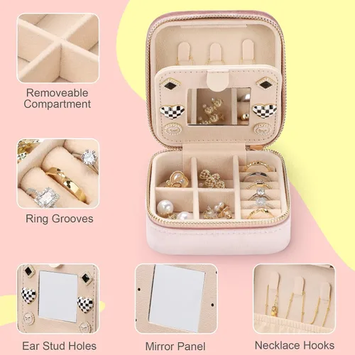 Vista 4 de Sightor Organizador de terciopelo para joyas, pequeño estuche de joyería con espejo portátil, estuche de almacenamiento de joyas para anillos