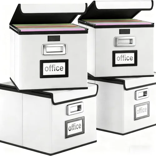 Vista 68 de Caja organizadora de archivos Huolewa con tapa, caja organizadora de carpetas de archivos colgantes de cuero sintético plegable con deslizadores