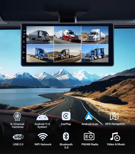 Vista 2 de Sistema de cámara de respaldo de 6 canales 1080P Dash Cam con pantalla táctil de 10.33 pulgadas, monitor de estacionamiento, cámara de respaldo
