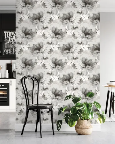 Vista 6 de NextWall Harry & Grace - Papel tapiz floral para despegar y pegar (ceniza y plata metálica)