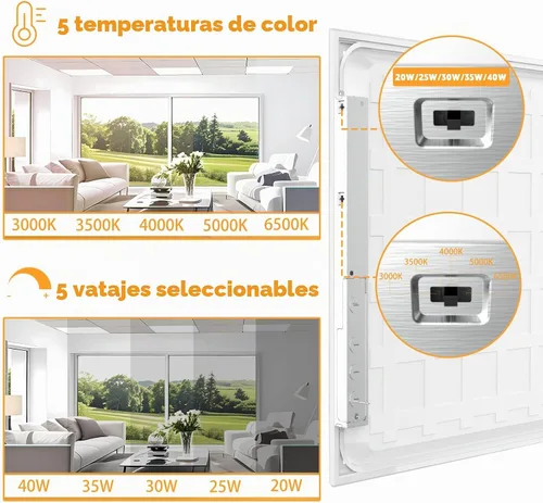 Vista 2 de OKQ Lámpara LED de panel plano de 2 x 2, 5 CCT 3000K-6500K ajustables y 5 vatios seleccionables, 0-10 V regulables, 2 x 2 LED de montaje empotrado