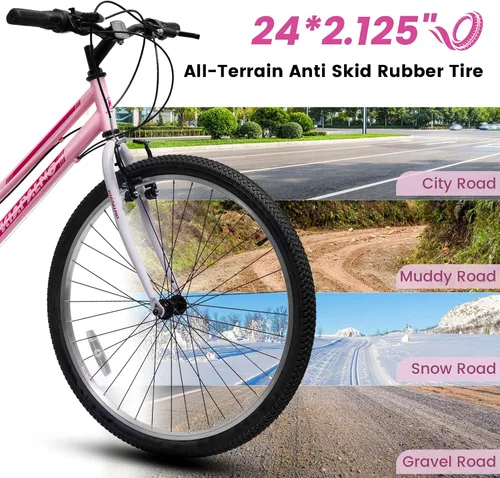 Vista 3 de Ecarpat Bicicleta de montaña para niñas y mujeres, 24/26 pulgadas, 21 velocidades, regalos de viaje de verano, bicicletas de freno en V femenino