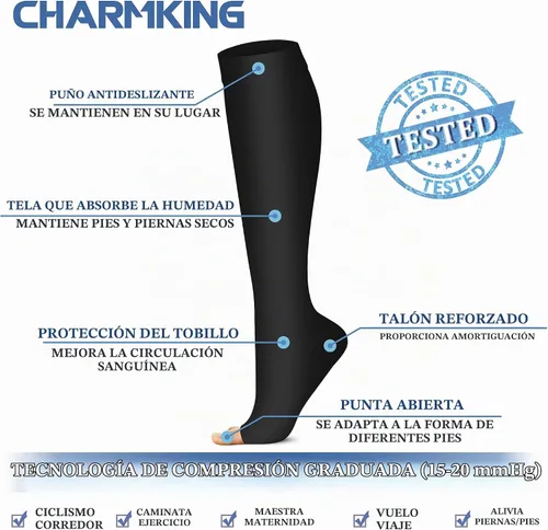 Vista 4 de CHARMKING 3 pares de calcetines de compresión de punta abierta para mujeres y hombres, circulación de 15-20 mmHg es el mejor apoyo para uso durante