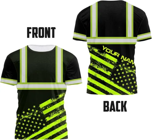 Vista 4 de Camisa de alta visibilidad con bandera de Estados Unidos de color para hombres y mujeres, con nombre personalizado, camisa de seguridad reflectante